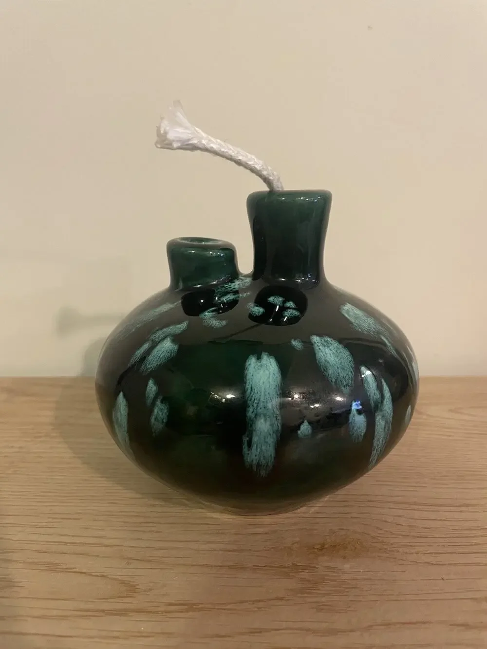 VTG Mary Latterman Double Spout Glazed Pottery Blue Green Oil Lamp w/ Wick